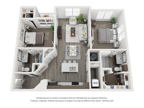 A 3D floor plan of a house with a kitchen, living room, and two bedrooms.